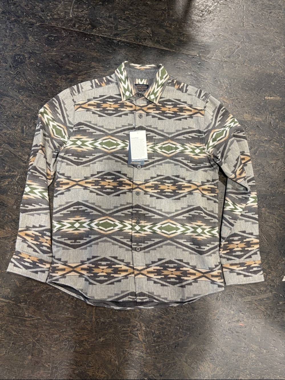 Pendleton Grey Aztec Button-Down Shirt with Green & Tan Accents